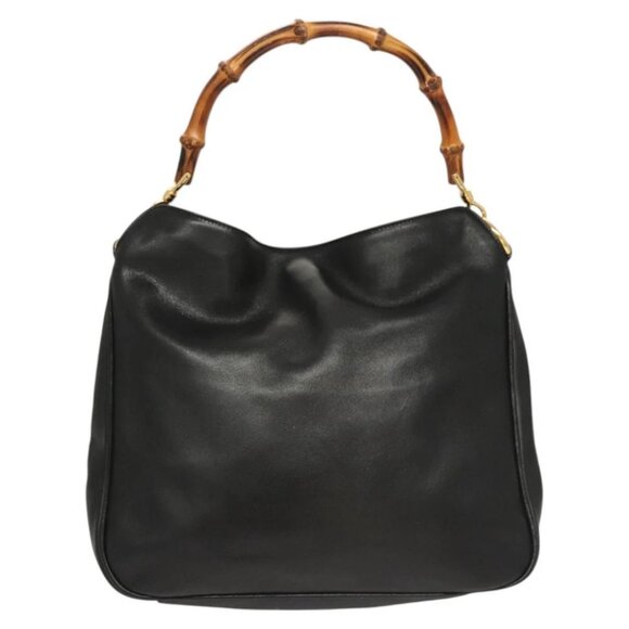 GUCCI Bamboo Hand Bag Leather Black Gold - Picture 1 of 16